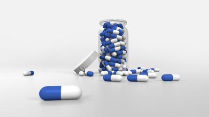 3D rendering of glass bottle with white and blue pills inside and more pills spread in the floor.
