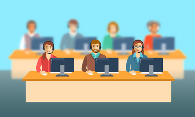 Call center agents team at office. Flat vector banner. Customer care operators, guys and girls with smiling faces sitting at desks with computers. Online support service assistants with headphones.