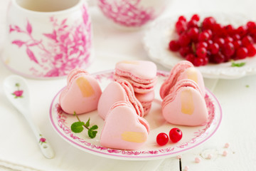 French pastry  makaron in form of heart on Valentine's Day .. Selective focus.