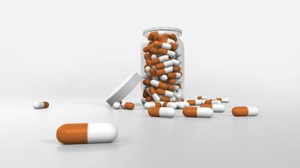 3D rendering of glass bottle with white and orange pills inside and more pills spread in the floor.