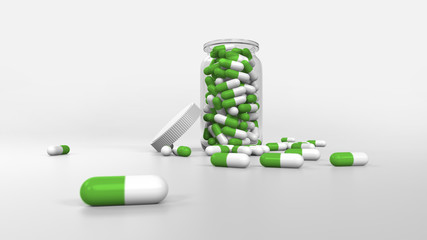 3D rendering of glass bottle with white and green pills inside and more pills spread in the floor.