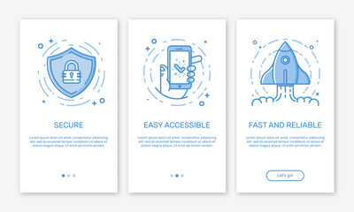 Vector Illustration of onboarding app screens and web concept design team for mobile apps in flat line style.