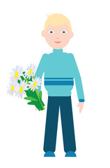 flat illustration vector little boy holding a bouquet of flowers.