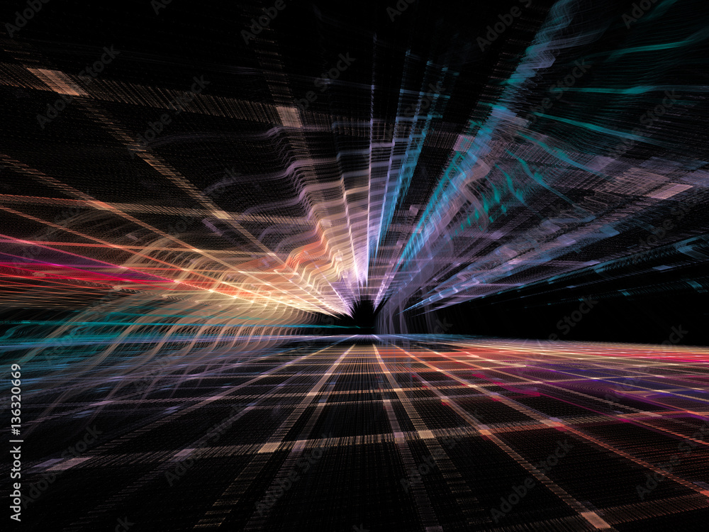 Poster abstract background element. three-dimensional composition of wave shapes, grids and beams. electron