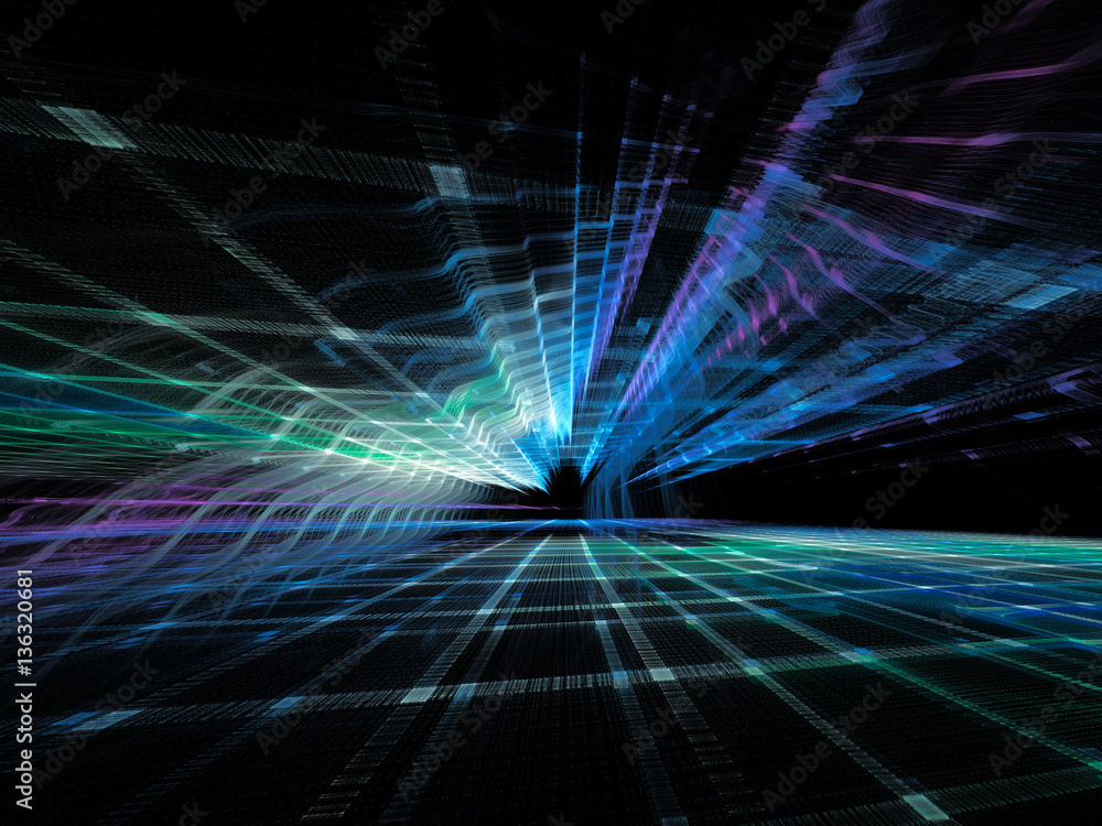 Poster abstract background element. three-dimensional composition of wave shapes, grids and beams. electron