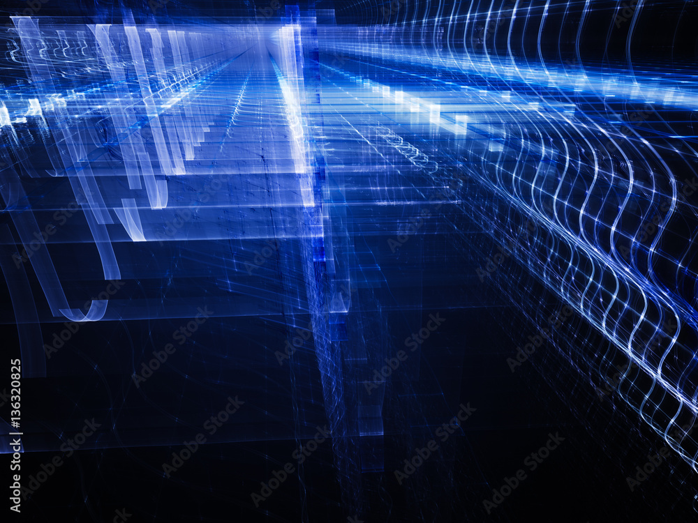 Poster abstract background element. fractal graphics. three-dimensional composition of glowing grids and wa
