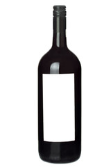 Glass bottle of wine  with a black neck without label.