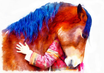 loving horse and a girl, girl hugging a horse. computer painting effect.