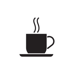 Black coffee cup silhouette with a plate, isolated on white background.