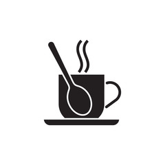 Black silhouette of a coffee cup with plate and teaspoon inside, isolated on white background.