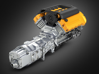 Automotive engine gearbox assembly on black gradient background
