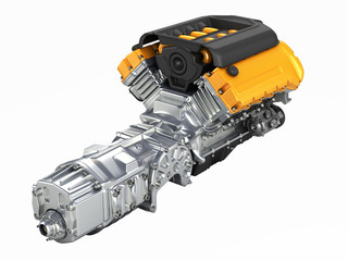 Automotive engine gearbox assembly without shadow 3D illustratio