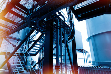 Industrial zone, Steel pipelines and cables in blue tones