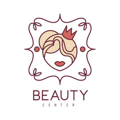 Natural Beauty Salon Hand Drawn Cartoon Outlined Sign Design Template With Woman Head In Crown In Floral Frame