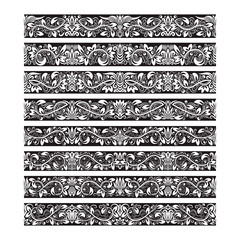 Black white vintage elements for vector brushes creating. Borders templates kit for frames design and page decorations.