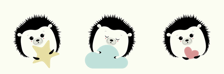 Illustration. You can apply for Valentine's day.Cute hedgehogs are depicted with open and closed eyes, holding in the paws a pink heart, a blue cloud and yellow star.