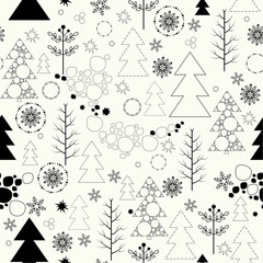 Seamless background on Merry Christmas and new year. The depicts a Christmas tree different design, tree, snowflakes and snow ball different size  on a white background.
