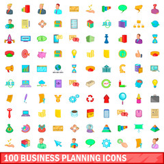 100 business planning icons set, cartoon style