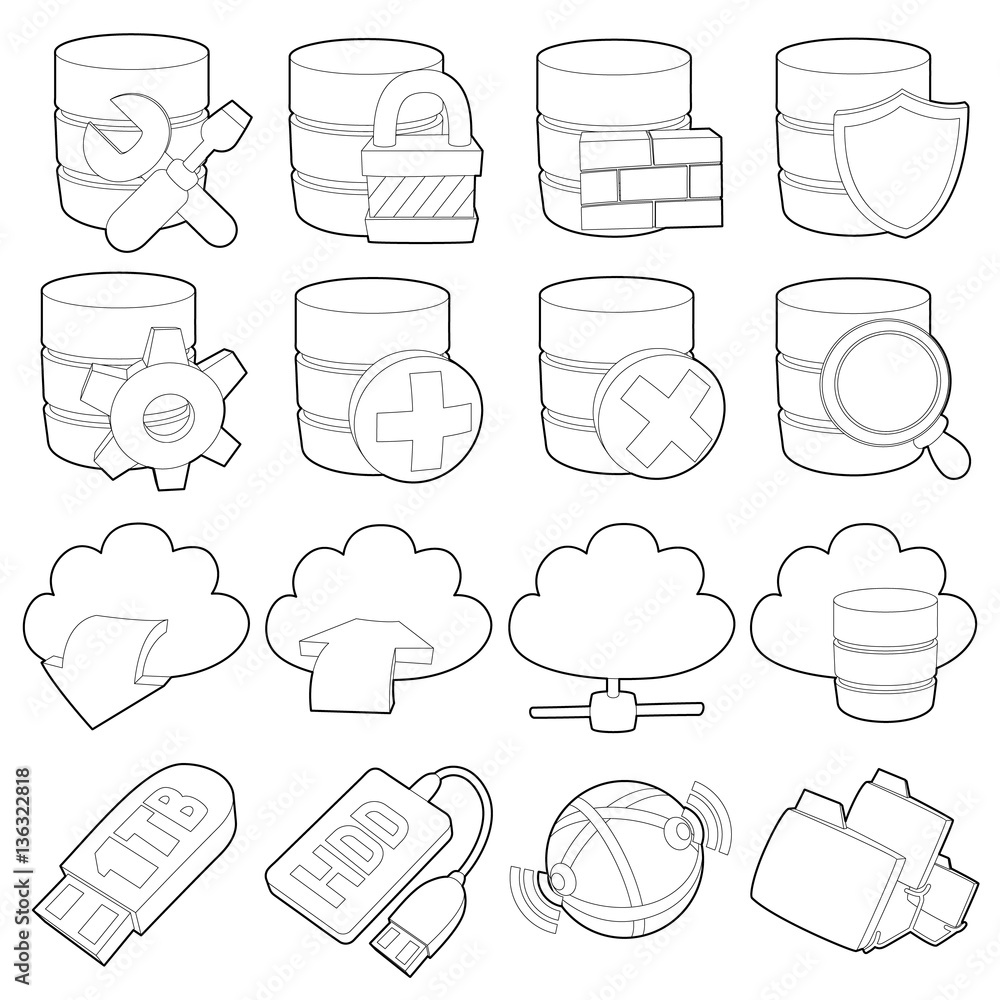 Aufkleber database symbols icons set, outline style