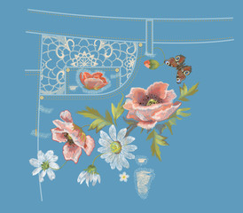 Embroidery colorful jeans botanical pattern with poppy and daisy flowers. Vector traditional folk flowers ornament with peacock butterfly on blue denim background.