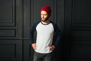 Hipster wearing white blank t-shirt  with space for your logo
