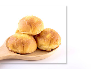 Loaf pastries, bread on plank isolated on white