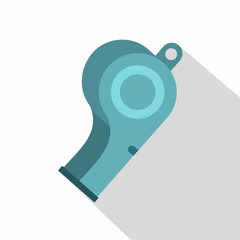 Blue sport whistle icon, flat style