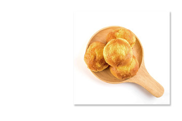 Loaf pastries, bread on plank isolated on white