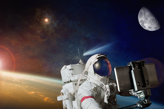 Sci-fi backckground - space selfie on orbit of planet Earth - Powered by Adobe