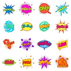 Comic sound cloud set icons set, cartoon style