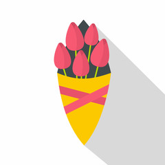 Bouquet of pink tulips icon, flat style