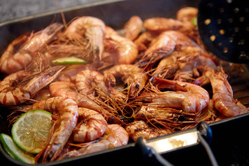 Cooking tiger prawns grilled. Close-up. Background.