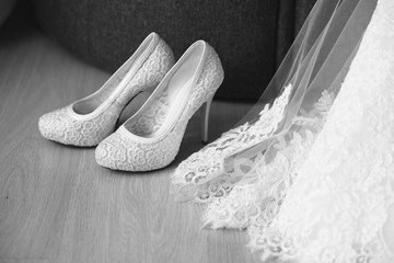 beautiful wedding dress and shoes