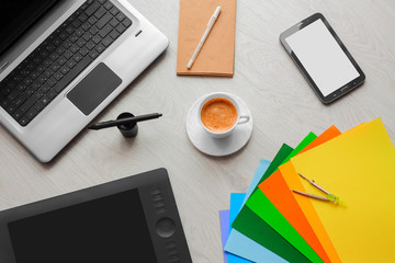 Top view corporate design mockup template designer gadgets on wooden table