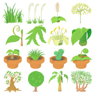 Nature green symbols icons set, cartoon style