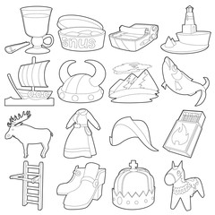 Sweden travel symbols icons set, outline style