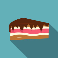 Piece of cake with chocolate cream icon flat style