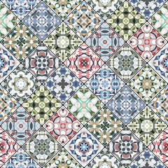 Pink, green and blue abstract patterns in the mosaic set. Square scraps in oriental style. Vector illustration. Ideal for printing on fabric or paper.