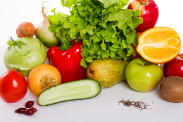 Vegetables and fruits on a white background