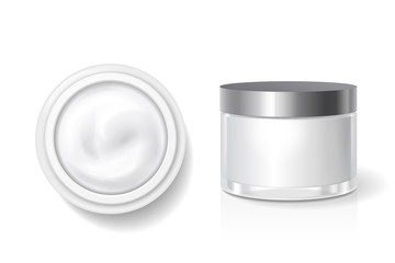 Blank packaging of cream, butter for skin care, White cosmetic jar with silver lid vector template. Top and side view