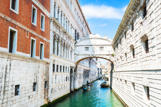 Famous Bridge of Sighs and scenic canal in Venice, Italy
