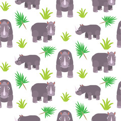 Rhinoceros cartoon vector seamless pattern. Savannah wild zoo animal background.