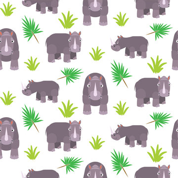 Rhinoceros cartoon vector seamless pattern. Savannah wild zoo animal background.