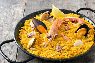 Traditional spanish seafood paella on wooden background
