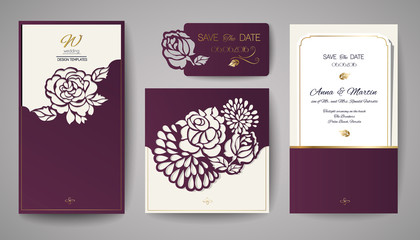 Set of Wedding Floral Invitation. Template for laser cutting. Vector illustration.