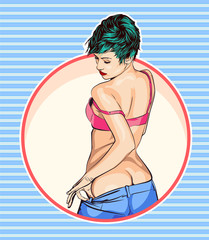 Pretty lady underwear. Short cuts hair. Vector stock image.