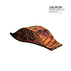 Vector hand drawn set of seafood icons. Isolated salmon meat slice. Engraved colored art.