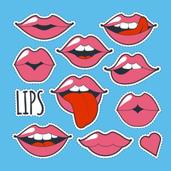 Set glamorous quirky icons. Vector illustration for fashion design. Bright pink makeup kiss mark. Passionate lips in cartoon style of the 80 s and 90 s isolated on blue background.