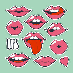 Set glamorous quirky icons. Vector illustration for fashion design. Bright pink makeup kiss mark. Passionate lips in cartoon style of the 80 s and 90 s isolated on white background.