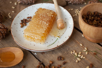 Serving table: drawn honey comb with honey dipper on a ceramic plate.